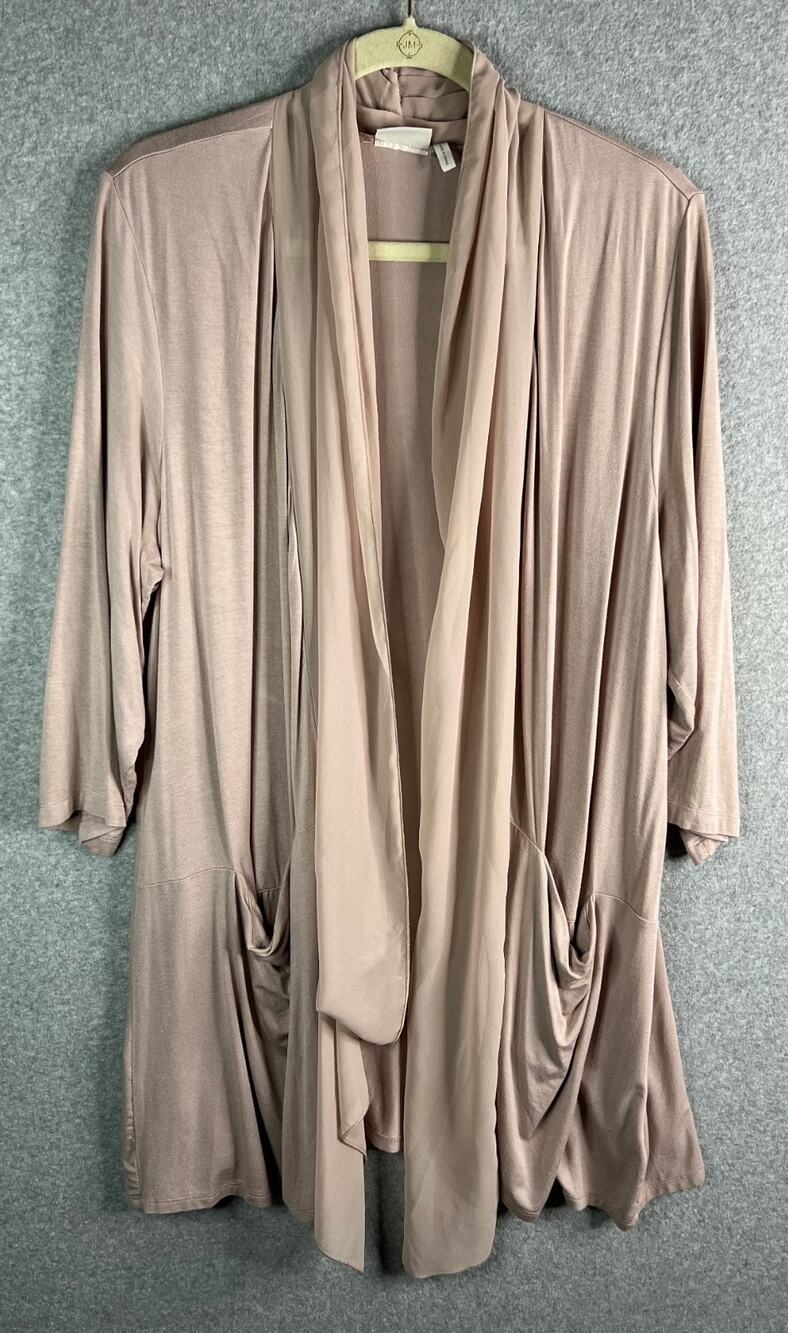 LOGO Lori Goldstein Blush Pink Long Open Front Cardigan Top Sash Womens 1X